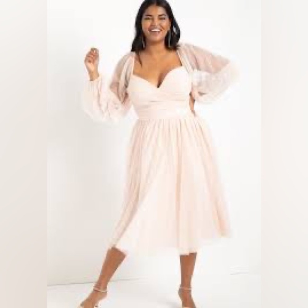 ELOQUII Tiered Puff Sleeve Dress Soft Pink 24w